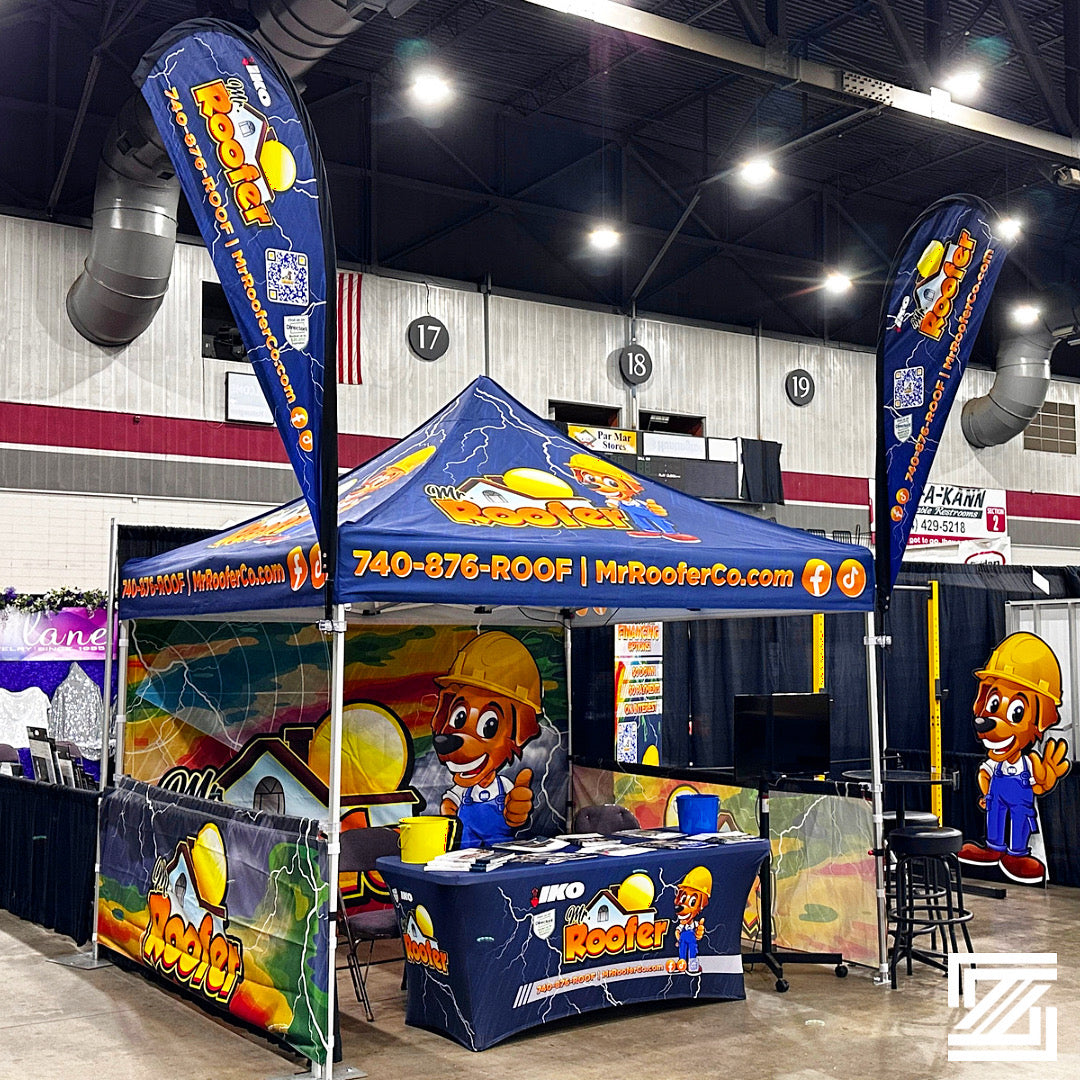 pop up tent with walls Custom 10' x 10' Pop-Up Tent with Full & Half Walls, Table Cover, and Flags