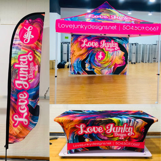 10' x 10' Pop Up Tent with Back Wall, 6' Table Cover, 12' Double-Sided Feather Flag with Ground Spike