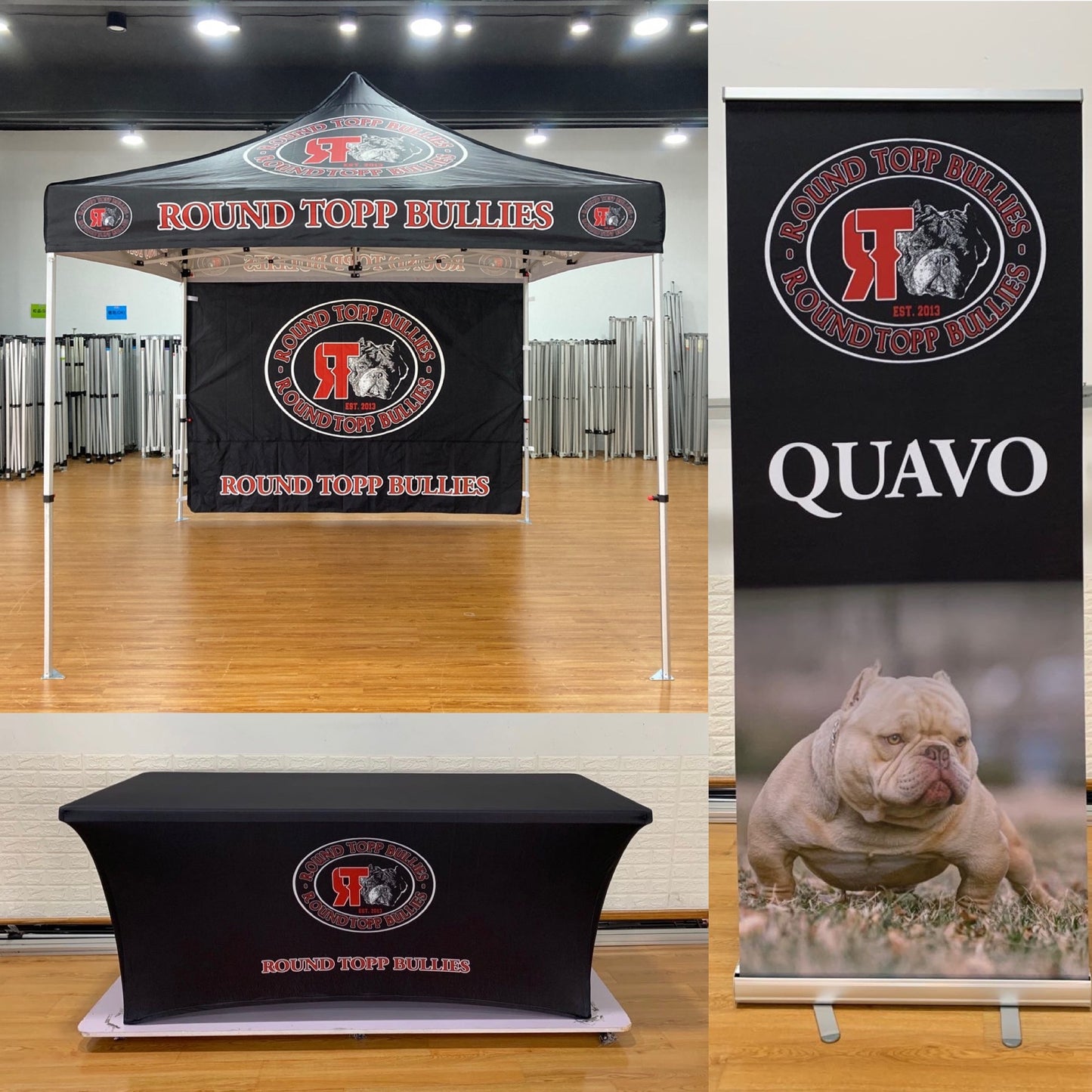 10x10 Pop-Up Tent with Single-Sided Back Wall, 6 Table Cover, and Roll-Up Banner