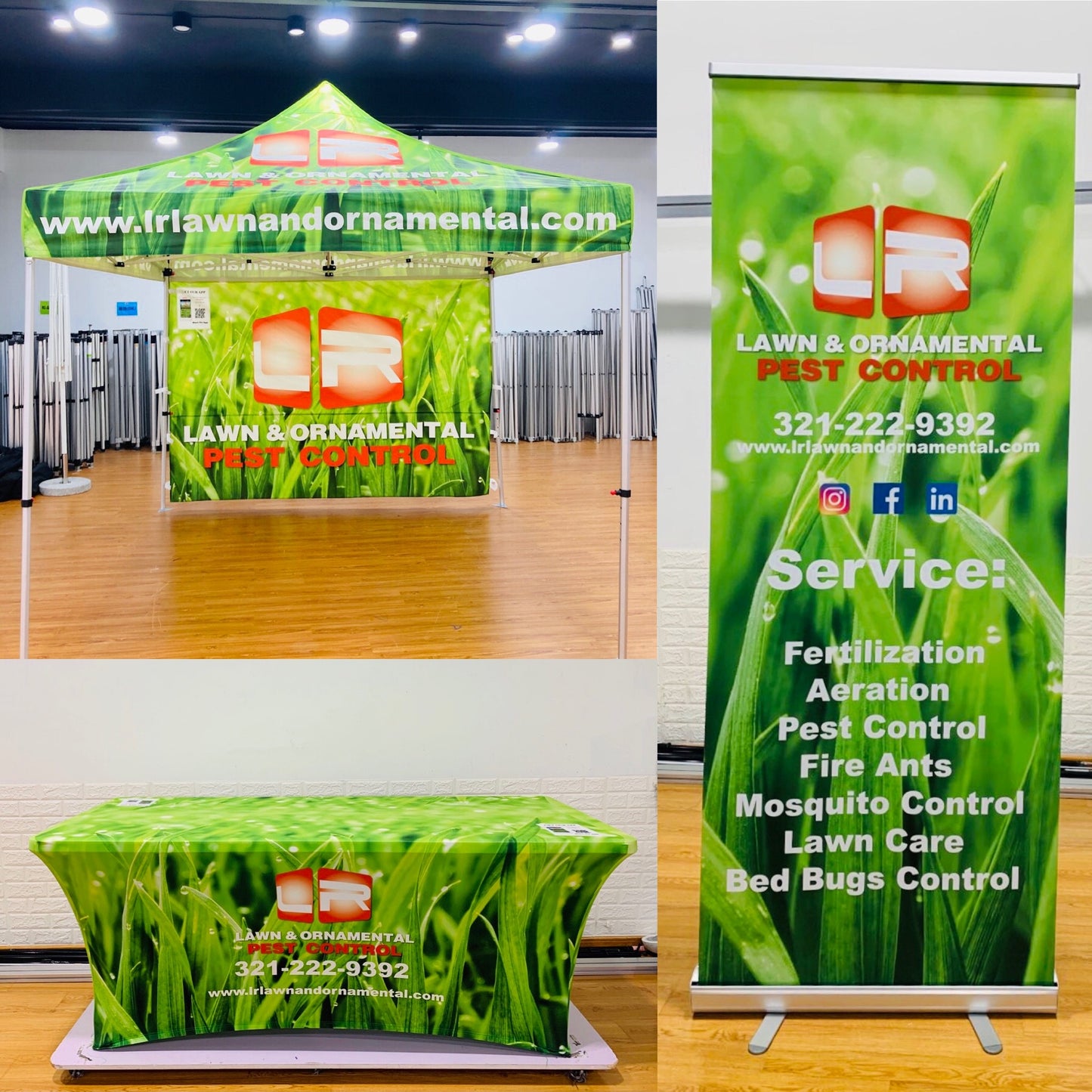 10x10 Pop-Up Tent with Single-Sided Back Wall, 6 Table Cover, and Roll-Up Banner