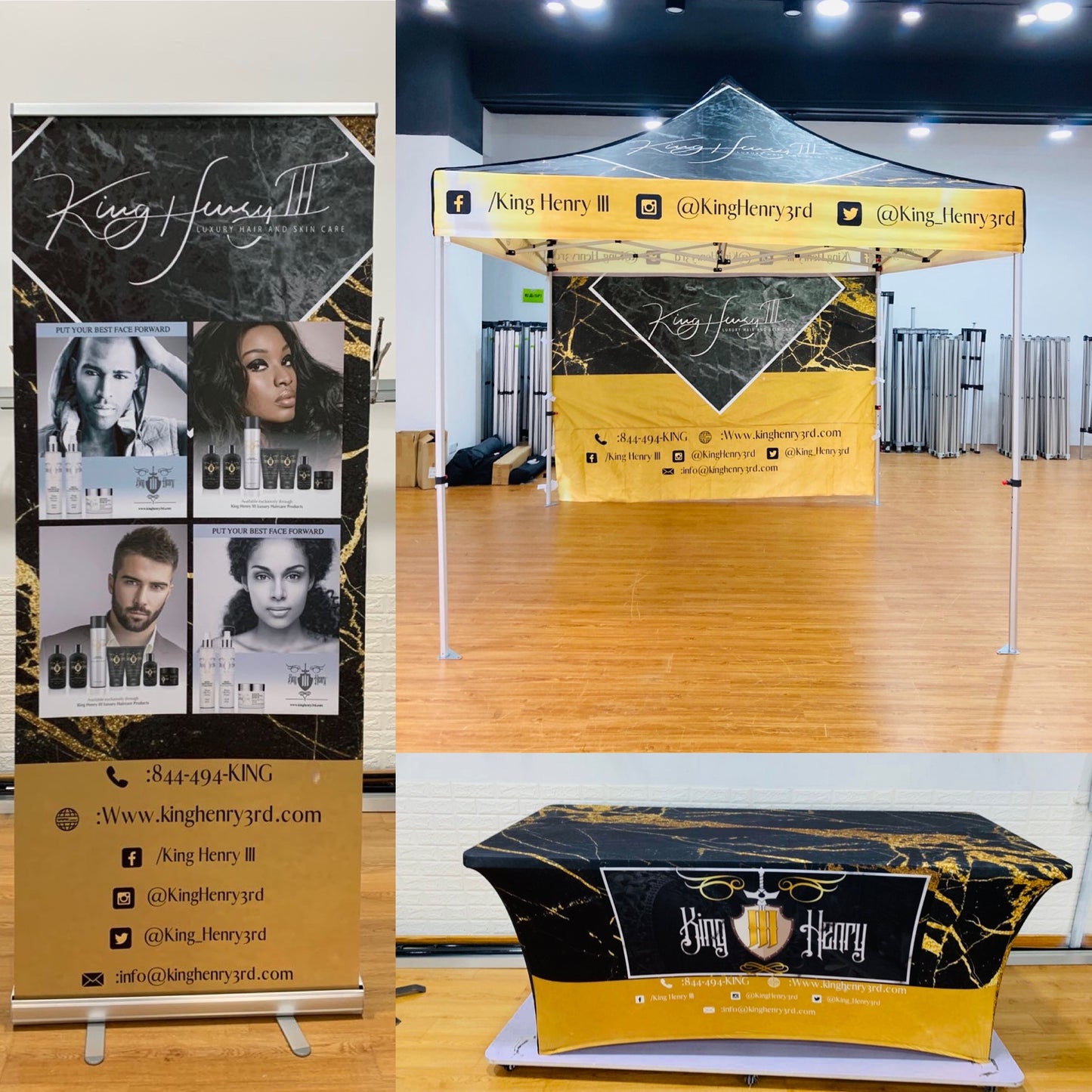 10x10 Pop-Up Tent with Single-Sided Back Wall, 6 Table Cover, and Roll-Up Banner