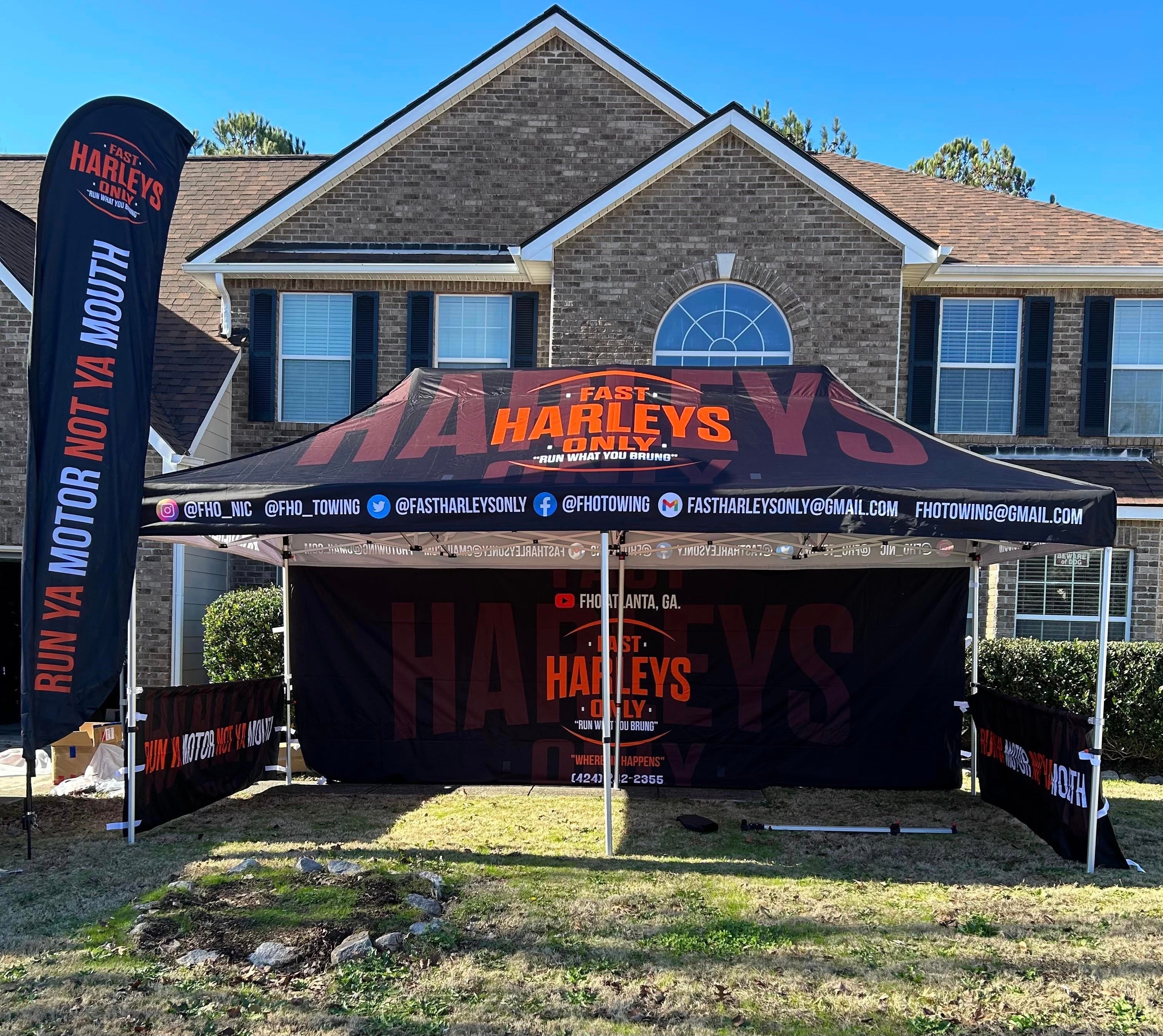 half tent canopy Custom 10' x 20' Pop-Up Tent with Full & Half Walls, with Feather Flag