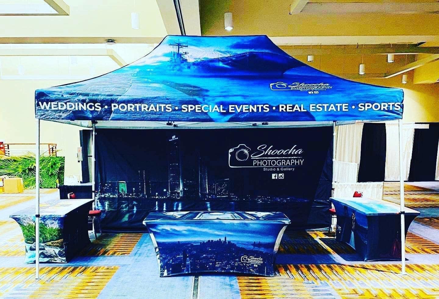 pop up photography tent 10' x 15' Pop-Up Tent with Single-Sided Full Wall, (3) 6' Table Covers