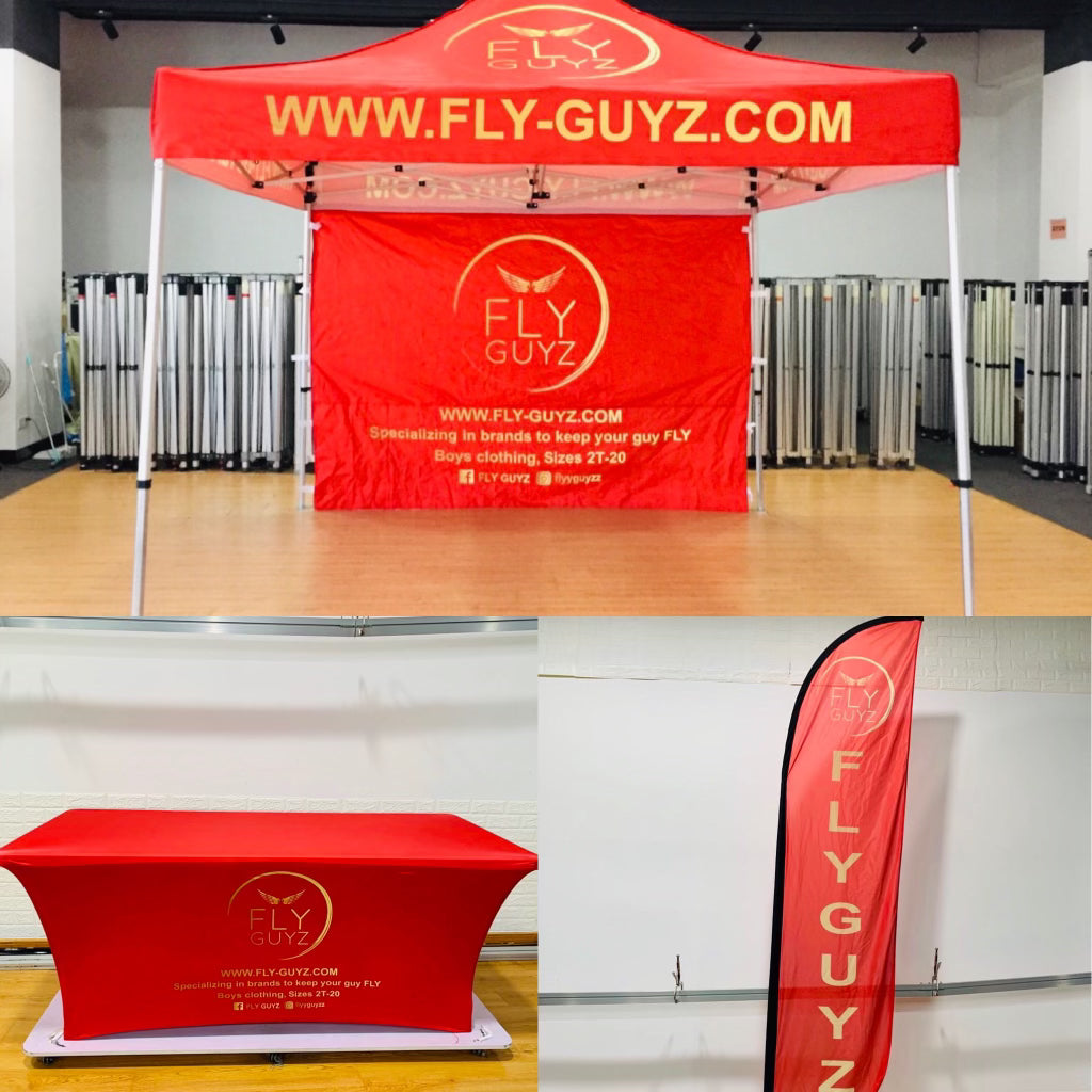 10x10 Pop Up Tent with Back Wall, 6’ Table Cover, 12’ Flag with Ground Spike