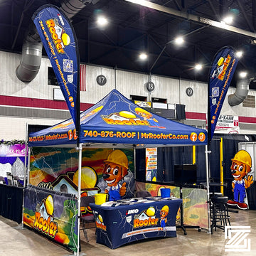 10' x 10' Pop-Up Tent with Full Wall, (2) Half Walls, Stretch-Fit Table Cover, (2) Double-Sided 8' Feather Flags with Tent Attachments