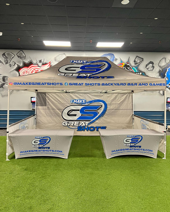10' x 15' Pop-Up Tent with Single-Sided Full Wall and Half Walls, (2) 6' Stretch-Fit Table Covers