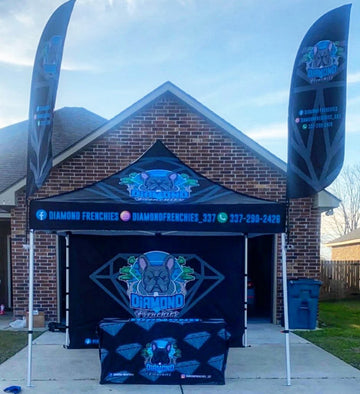 10' x 10' Pop-Up Tent with Single-Sided Full Wall, 6' Stretch-Fit Table Cover, (2) Double-Sided 8' Flags with Tent Attachments