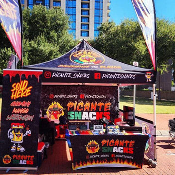 10' x 10' Pop-Up Tent with Single-Sided Full Wall, (2) Single-Sided Half Walls, (2) Double-Sided 8' Teardrop Flags, 6' Stretch-Fit Table Cover, and Roll-up Banner with Stand