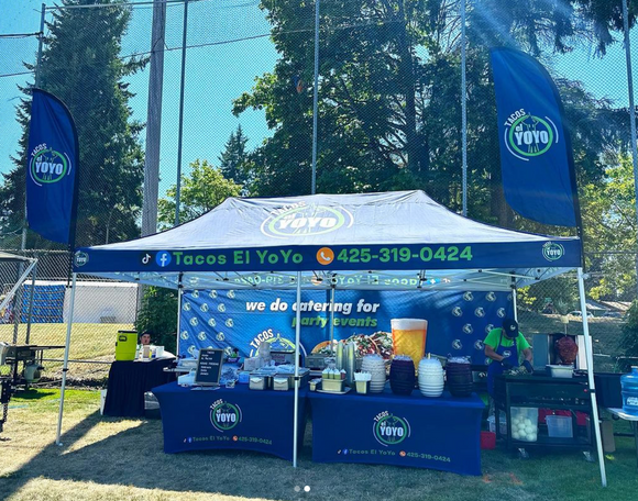 10' x 20' Pop-Up Tent with Single-Sided Full Wall, (2) 6' Stretch-Fit Table Covers, and (2) 8' Double-Sided Flags with Tent Attachments
