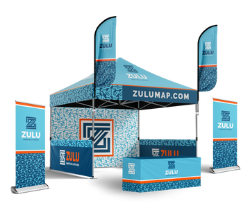 10' x 10' Pop-Up Tent with Single-Sided Full Wall and Half Walls, (2) Double-Sided Feather Flags with Tent Attachments, (2) Roll-Up Banners, 6’ Table Cover