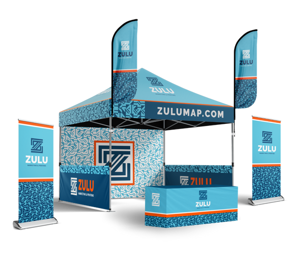 10' x 10' Pop-Up Tent with Single-Sided Full Wall and Half Walls, (2) Double-Sided Feather Flags with Tent Attachments, (2) Roll-Up Banners, 6’ Table Cover