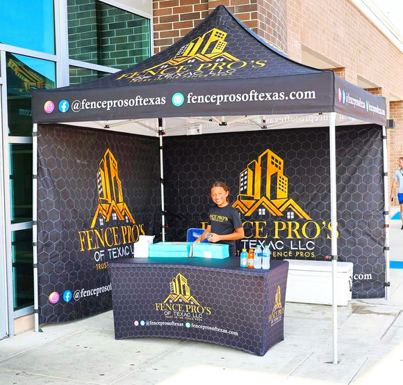 10' x 10' Pop-up Tent with (2) Double-Sided Full Walls and 6’ Stretch-Fit Table Cover