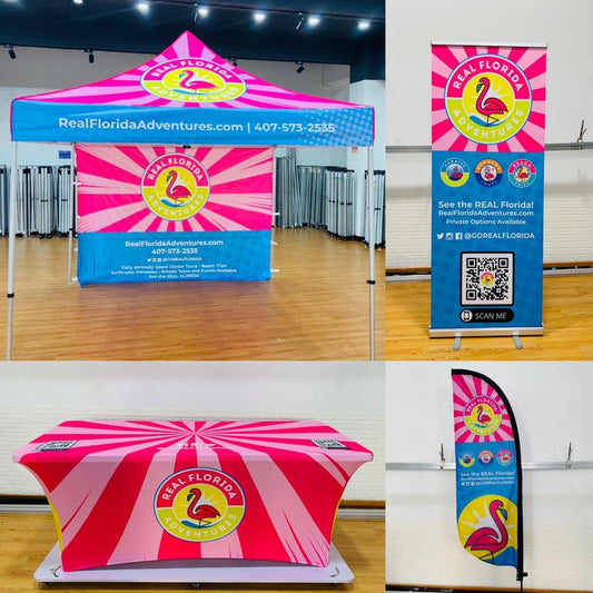 10x10 Pop Up Tent with Single-Sided Back Wall, 6' Table Cover, 8' Feather Flag with Ground Spike, Roll-Up Banner with Stand