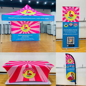 10' x 10' Pop-Up Tent with Single-Sided Full Wall, 6' Table Cover, Roll-up Banner with Stand, 8' Double-Sided Flag with Base
