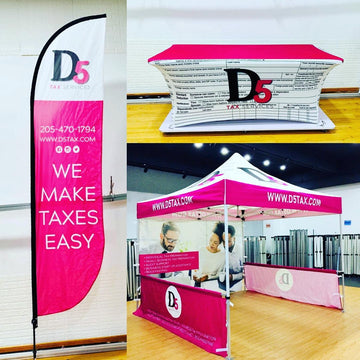 10' x 10' Pop-Up Tent with Single-Sided Full Wall and Half Walls, 6' Table Cover, 12' Feather Flag with Ground Spike