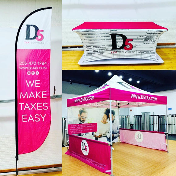 10' x 10' Pop-Up Tent with Single-Sided Full Wall and Half Walls, 6' Table Cover, 12' Feather Flag with Ground Spike