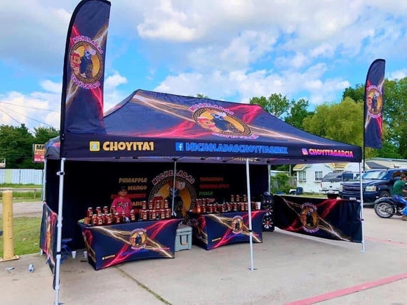 10' x 20' Pop-Up Tent with Full Wall and (2) Half Walls, (2) 6' Table Covers, (2) 8' Feather Flags with Tent Attachments